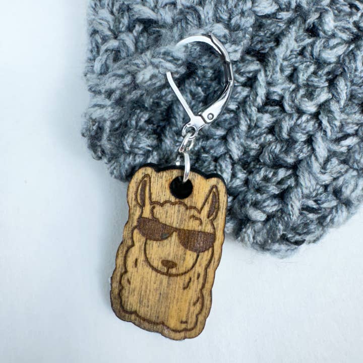 Art by Erica H & Rebel Stitchers - Wholesale Knitting/Crochet Supplies - Handmade Wooden Alpaca Wearing Sunglasses Stitch Marker0