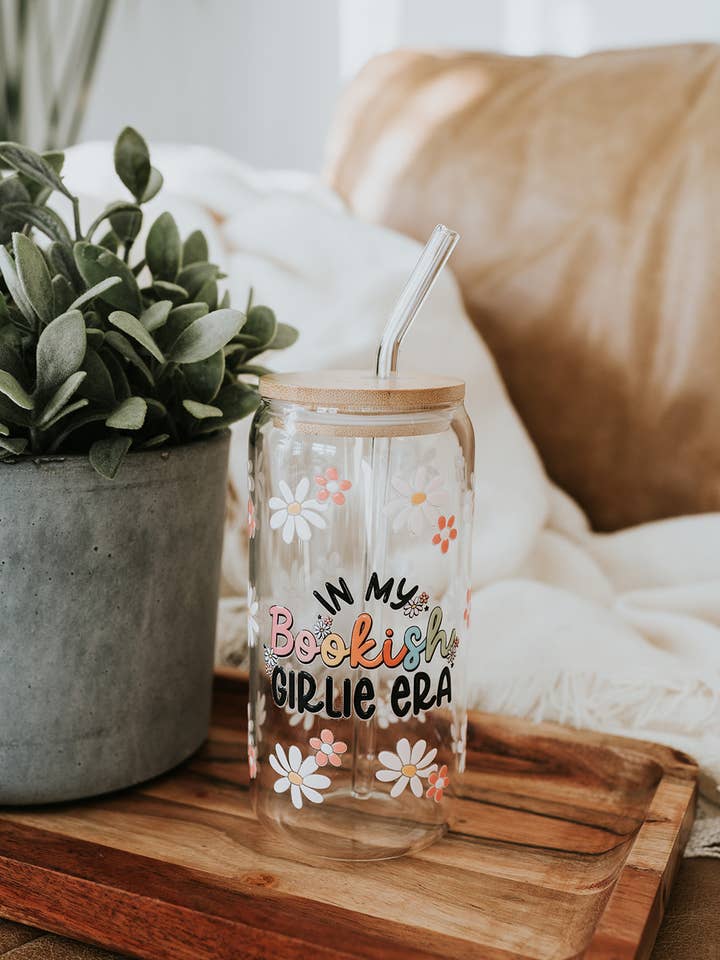 Bookish Girlie Era Glass Can w/ Straw for wholesale by The Bookish Bird Co.