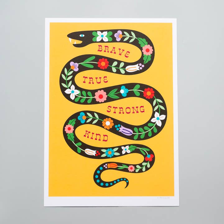 A3 folk art snake print on yellow background for wholesale by Maggie Magoo Designs