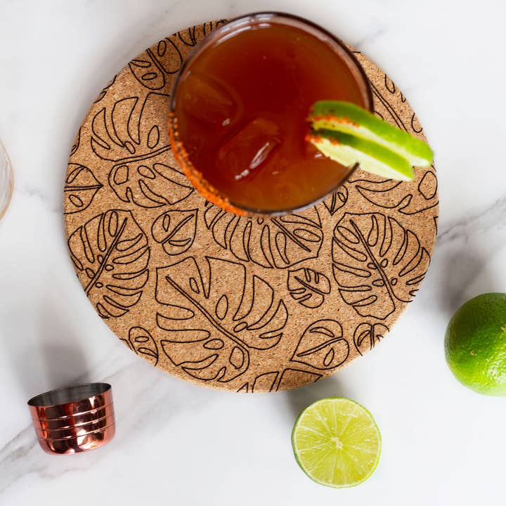 Laser Engraved Monstera Leaf Cork Trivet Boho Style Decor for wholesale by Damron Decor