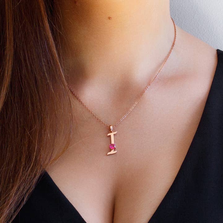 Thesoftcheek Jewelry - Wholesale Pendant/Charm Necklace - Initial Letter Necklace Silver Rose Gold Vermeil- Pink Topaz12