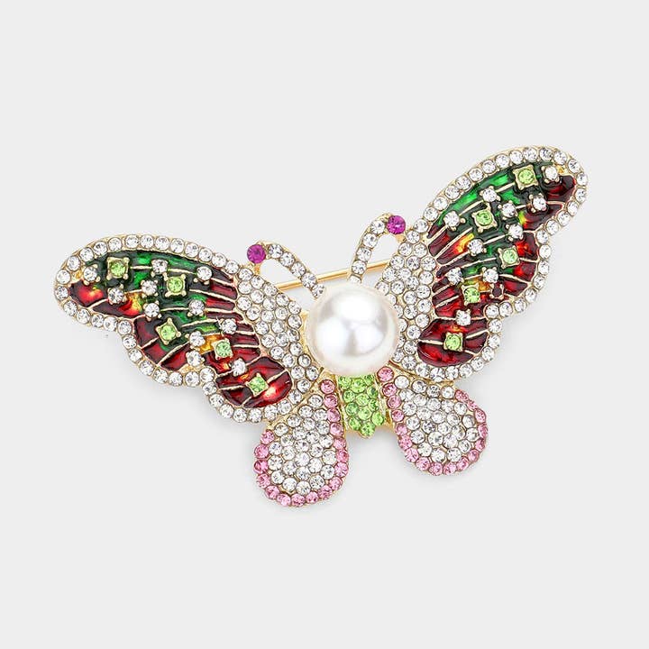 Pearl Rhinestone Pave Butterfly Pin Brooch for wholesale by Sensibling Corp.