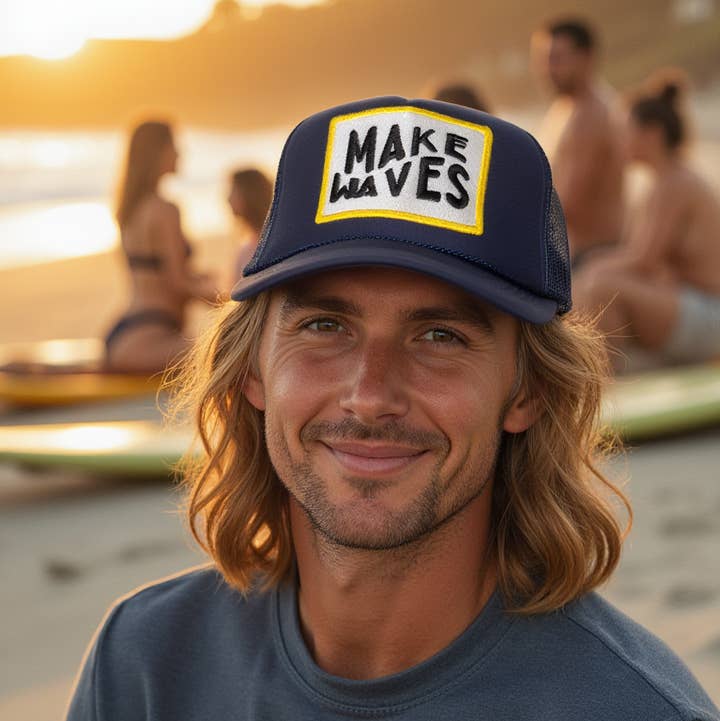 Make Waves Trucker Hat in Navy for wholesale on Faire2