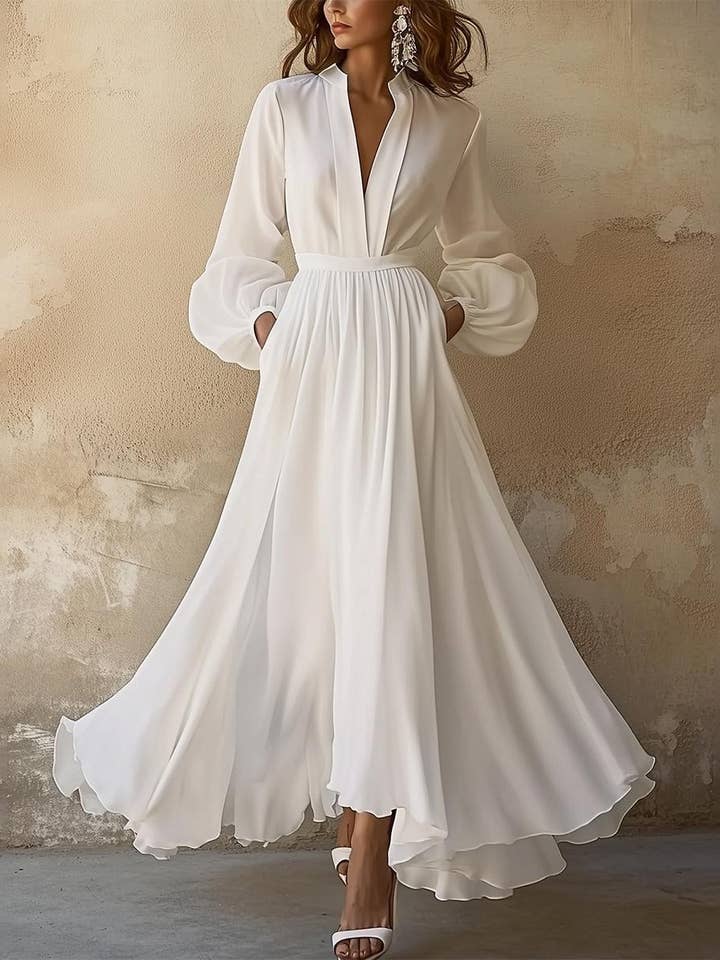 BLANC Robe longue plissée élégante à manches longues en vente sur Faire1