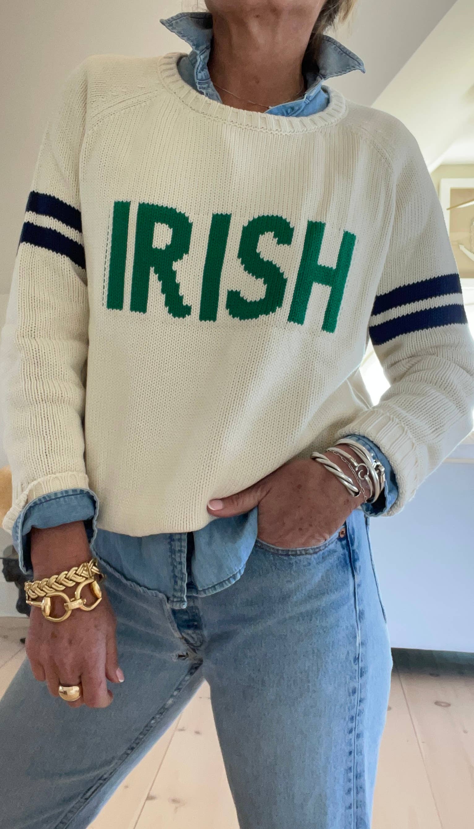 Pink Pineapple - Wholesale Knit Sweater - Women's - IRISH Campus Sweater with Navy Stripes