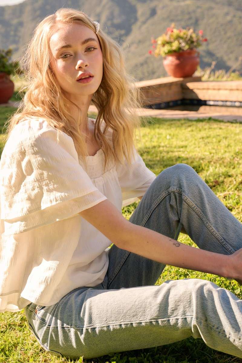 mittoshop - Wholesale Blouse - Women's - H14894-TEXTURE SMOCKED FLUTTER SLEEVE BLOUSE1