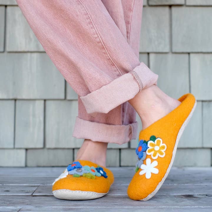 Fuzzy cove - Wholesale Slippers - Women's - Floral Organic Merino Wool Slippers | Eco-Friendly Flower Design, Rubber or Leather Sole, Cozy Comfort Luxury Women Gift, Felt Flowers