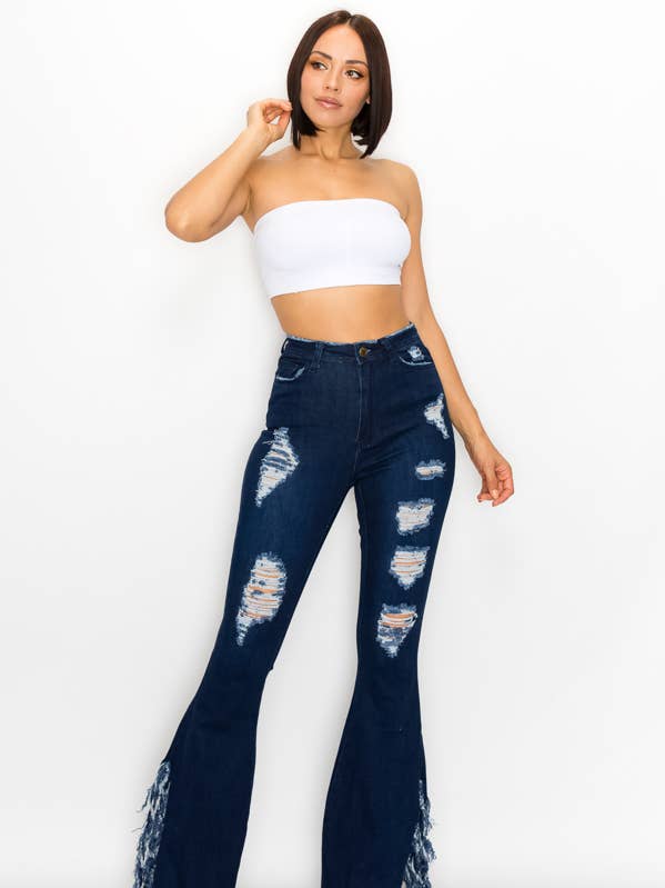 JAZZ-047 HIGH WAISTED DISTRESSED BELL BOTTOMS WOMEN JEANS for wholesale by Denim Zone U.S.A.