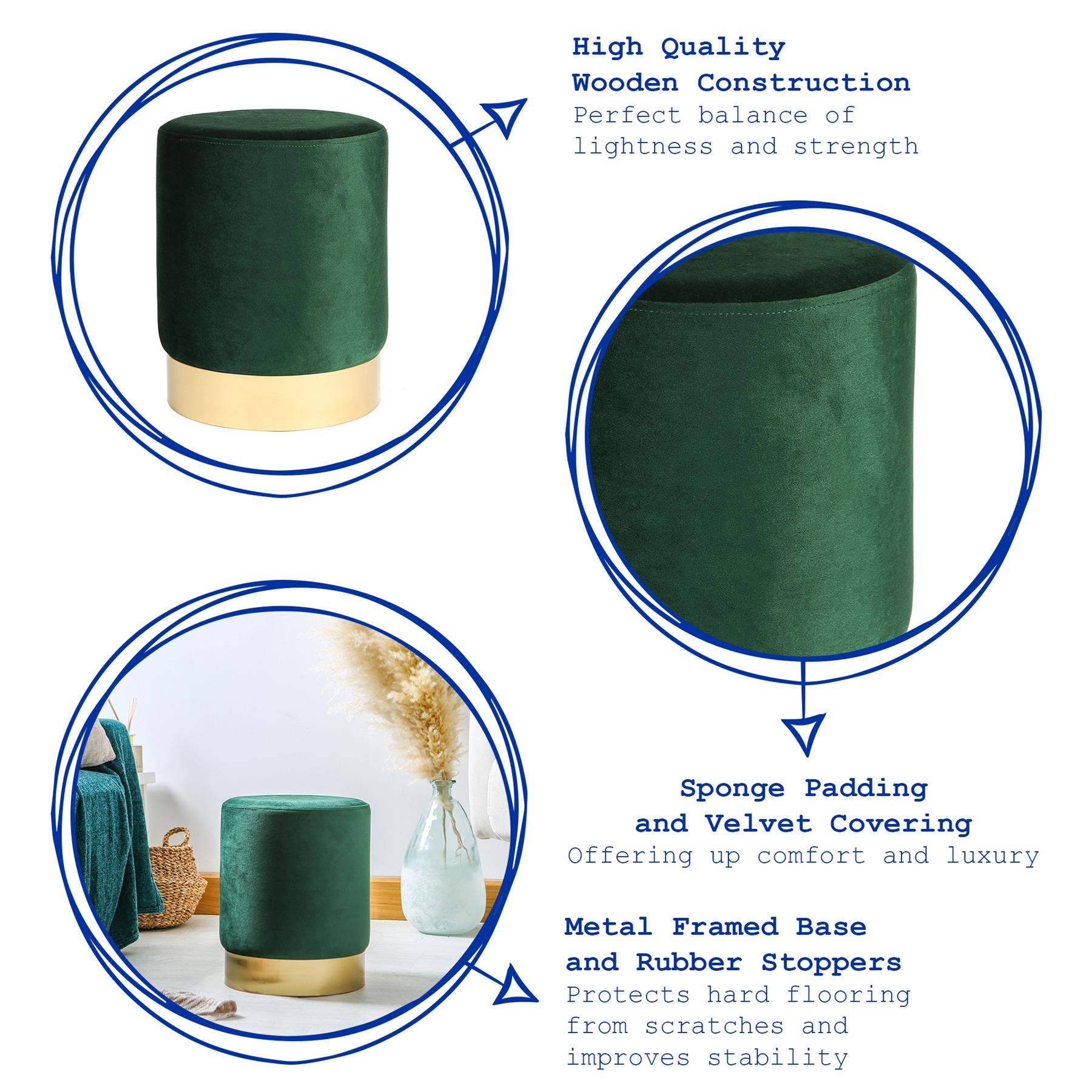 Rinkit Ltd – Großhandel Hocker – Runder samtbezogener Hocker als Fußbank – 29 cm Durchmesser x 36 cm Höhe – von Harbour Housewares24