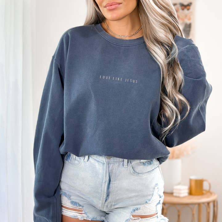 Scripted Pearl - Wholesale Sweatshirt - Women's - Love Like Jesus Embroidered Comfort Colors Sweatshirt