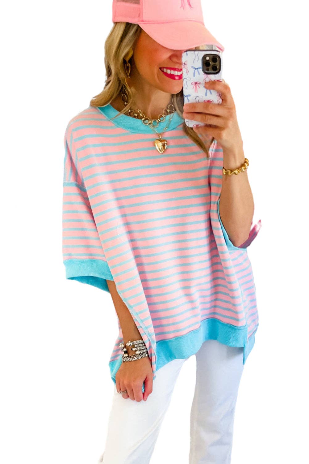 Pink Stripe Colorblock Drop Sleeve Loose Top for wholesale on Faire7
