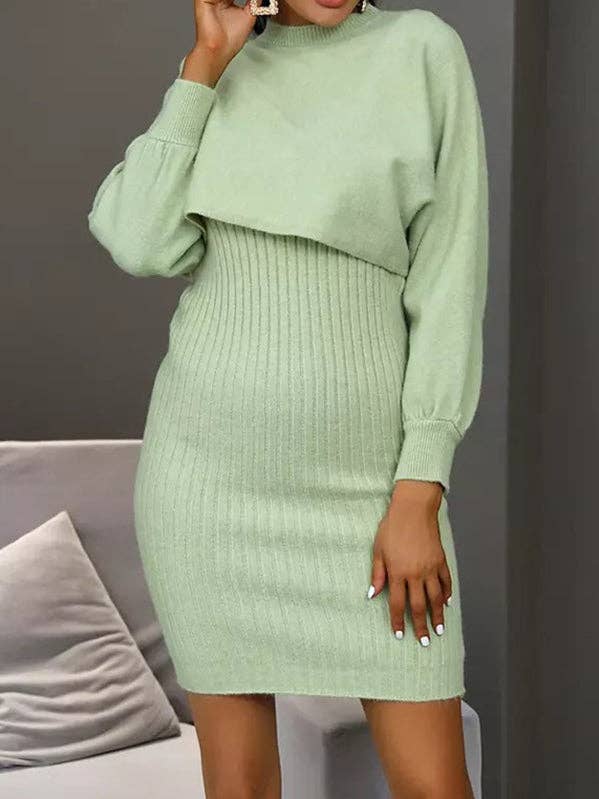Long Sleeves Solid Color Round-Neck Sweater Top + Inner Dress Two Pieces Set for wholesale by StyleGalX