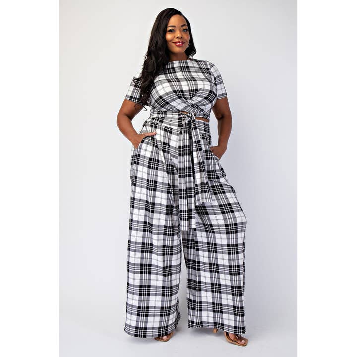 Plus Size Geruite Wikkel Top En Broek Set voor wholesale door omgstyles