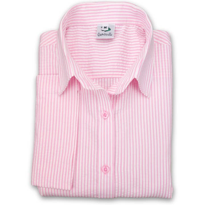 Grenouille Damen 3/4 Ärmel Rosa/Weiß gestreift Seersucker für den Großhandel von Salamander Shirts Ltd