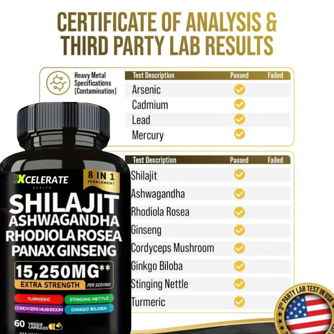 Xcelerate Health – Großhandel Nahrungsergänzungsmittel/Vitamin zum Einnehmen – Xcelerate Health Shilajit & Ashwagandha Mischung 8 in 1 Ergänzung Extra Stärke Gesundheitswesen Fitness Natürlich6