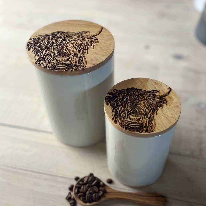 Highland Cow Oak & Ceramic Small Storage Jar for wholesale by Selbrae House Ltd