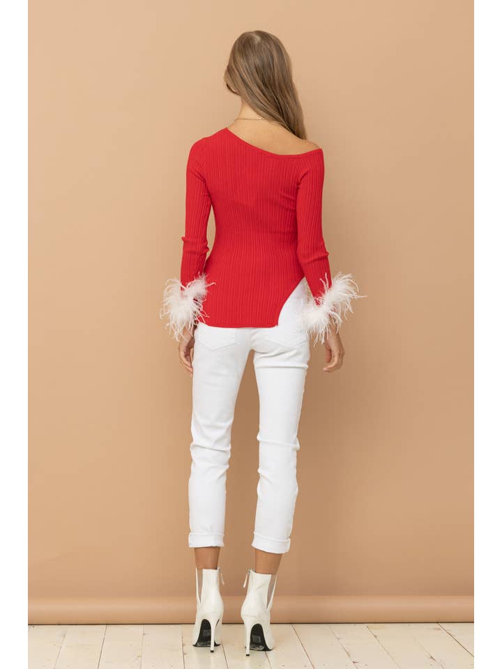 Blue B - Wholesale Knit Sweater - Women's - 32210W - Ribbed Feather Cuff Off Shoulder Sweater Top