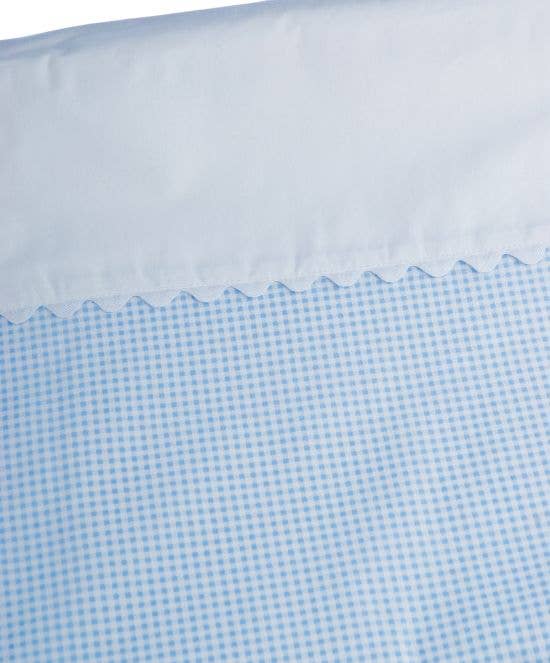 Sandra Adrubau - Wholesale Cot/Crib Sheets - Blue gingham design baby duvet cover with white detail and lace for a 70 crib.2