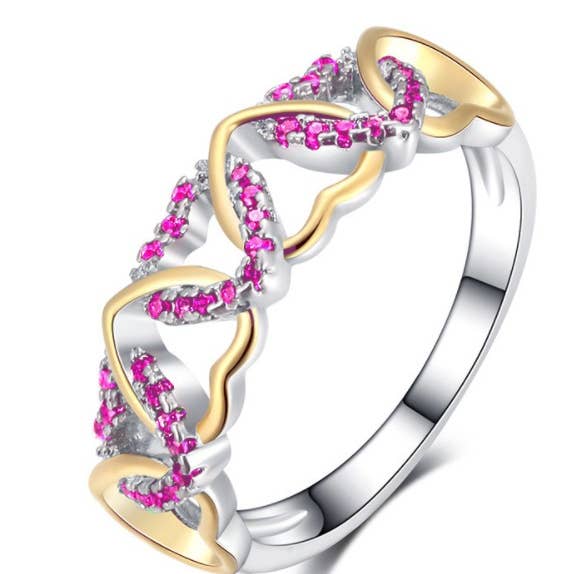 Fashion Interlocking Pink CZ And Gold Heart Ring for wholesale by S&A Fashions