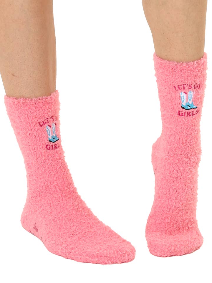 Living Royal - Wholesale Socks - Women's - Fuzzy Crew Socks - Cowgirl Boots - "Let's Go Girls" - Pink