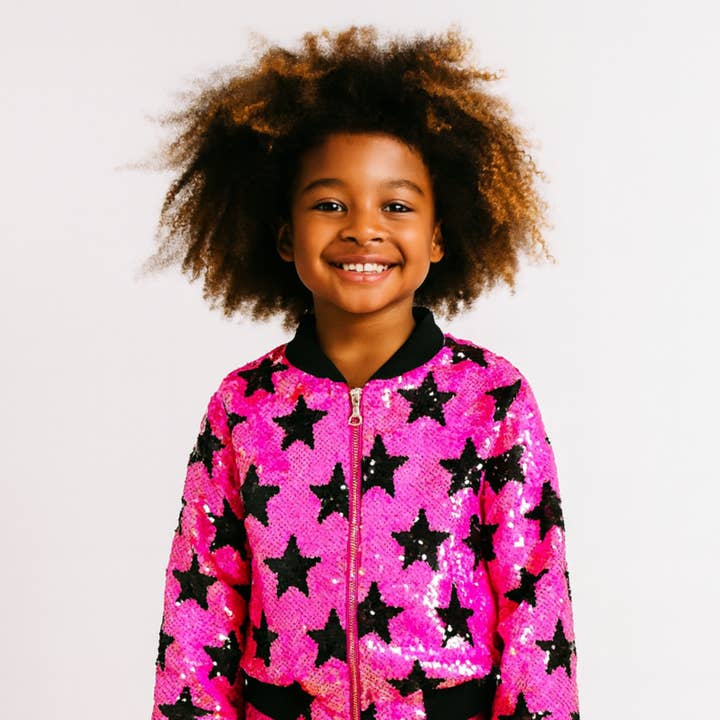 Hot Pink with black stars flip sequin Bomber for wholesale by Rebelde Planet