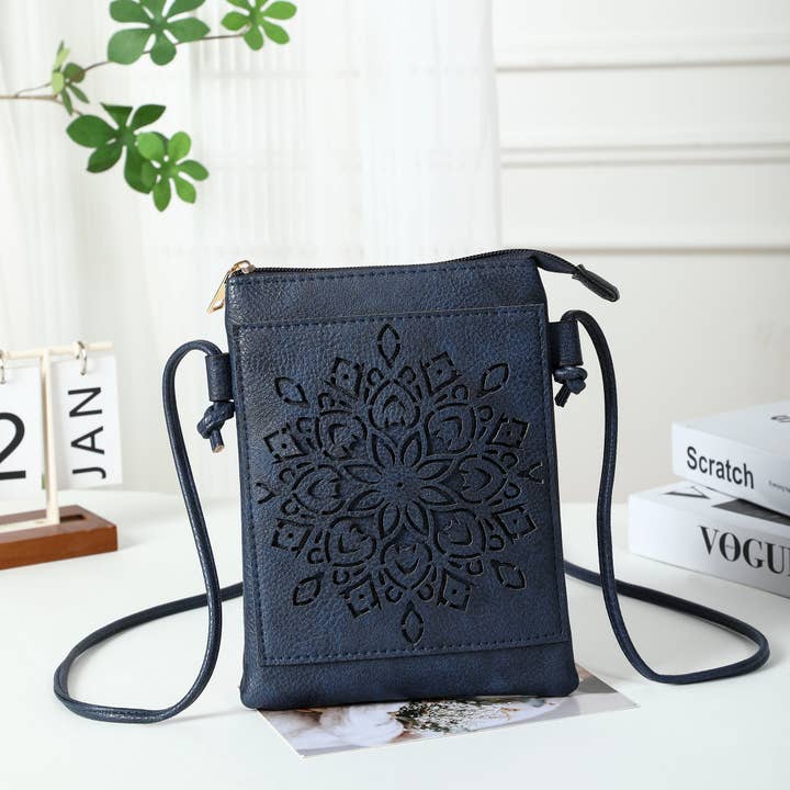 Navy - Floral Lacer cut crossbody cellphone bag for wholesale by Shine Mark Accessories