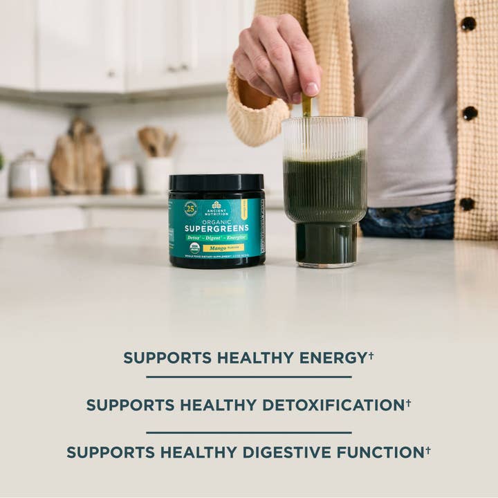 Ancient Nutrition - Wholesale Protein/Superfood Powder - Organic SuperGreens | Powder Mango Flavor (12 Servings)