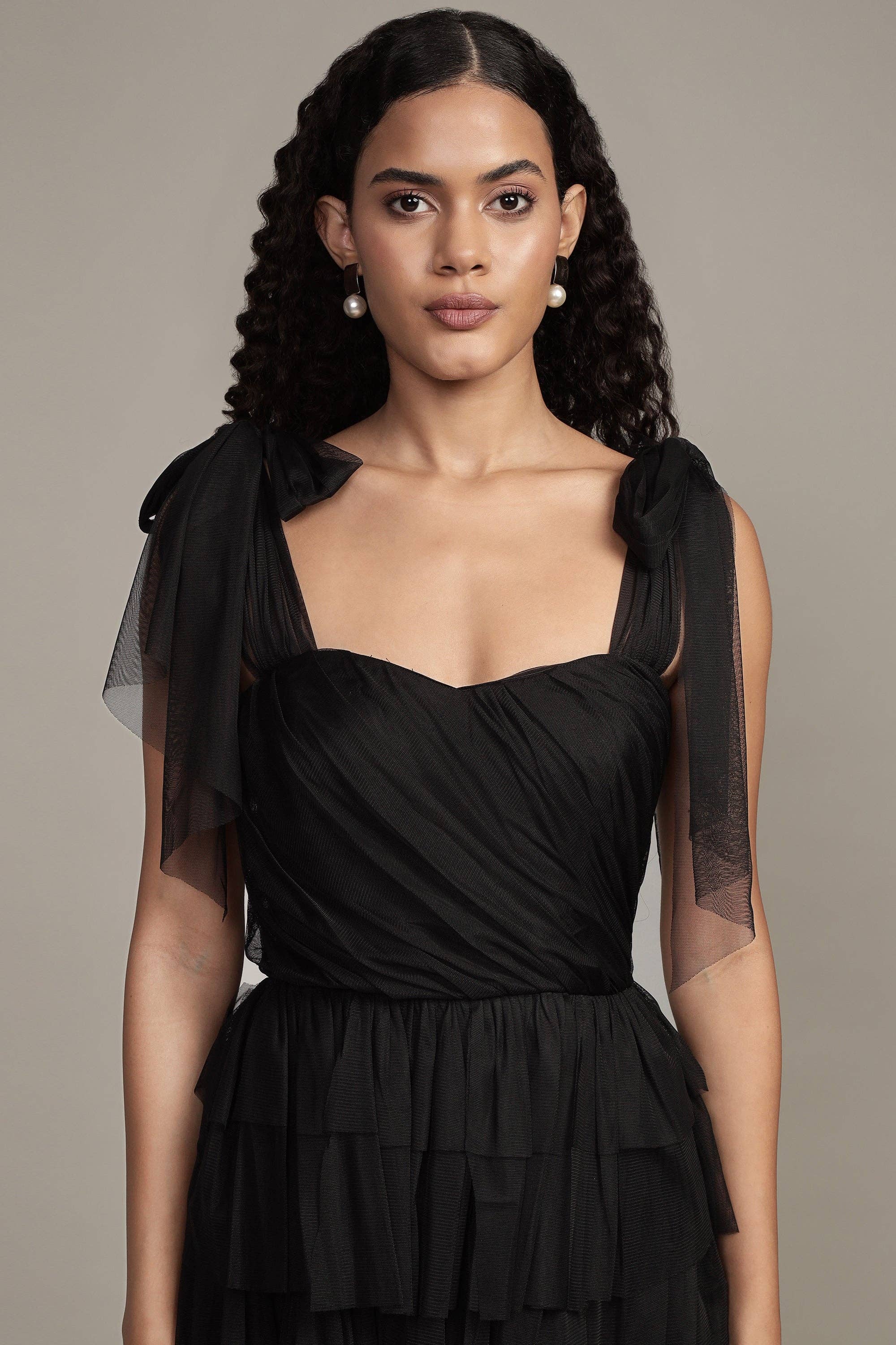 Ophelia Tulle Maxi Dress with Tie Detail in Black for wholesale on Faire6