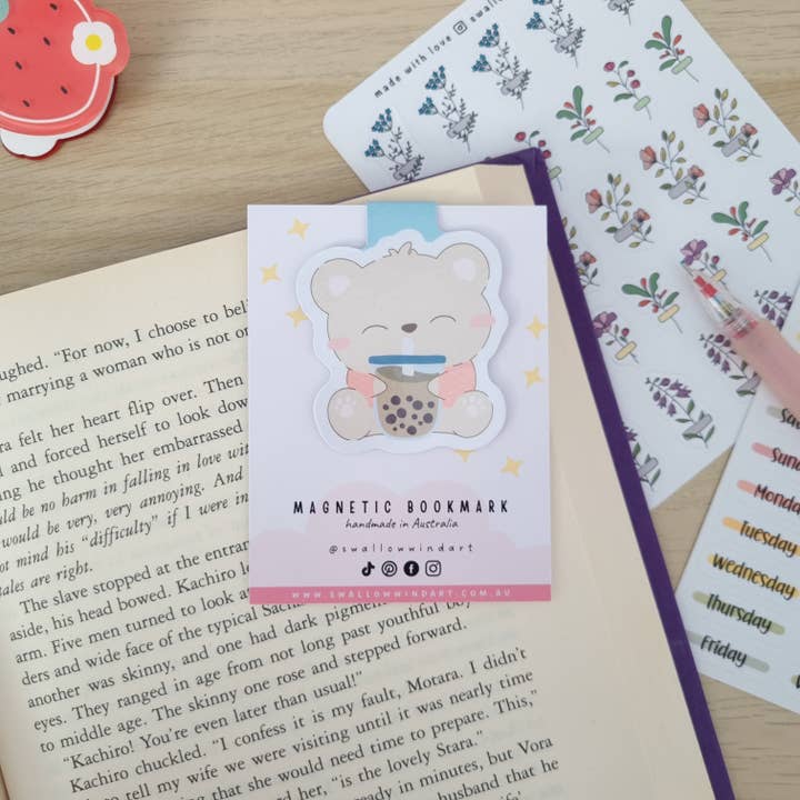 Swallow Wind Art - Wholesale Bookmark - Magnetic Bookmark - Cute Boba Bear