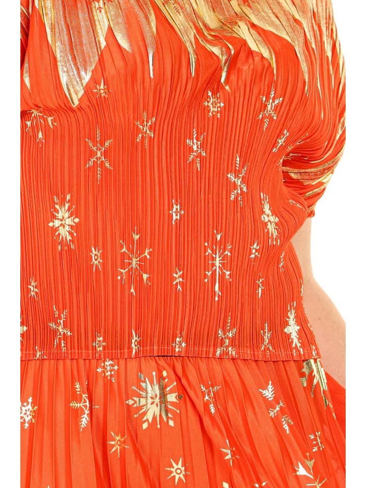 Beulah Style - Wholesale Top & Skirt Set - Women's - Glossy Snowflake Pattern Pleated Top & Skirt Set QM603812