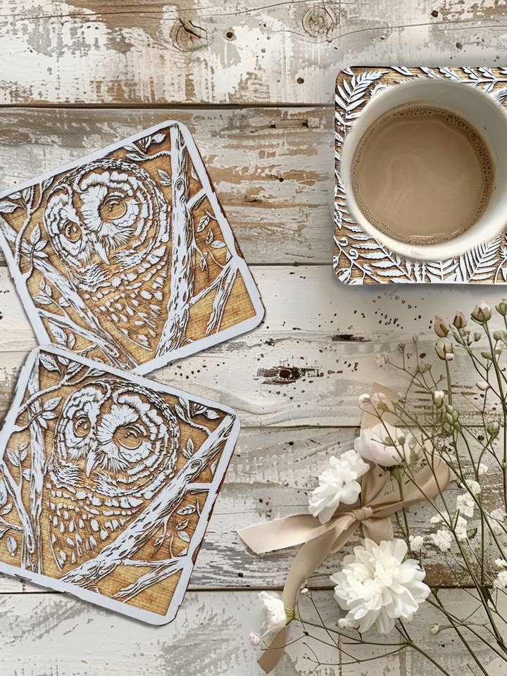 Set of 4 Owl Wildlife Animal Engraved Wood Drink Coasters for wholesale by Starlene Designs