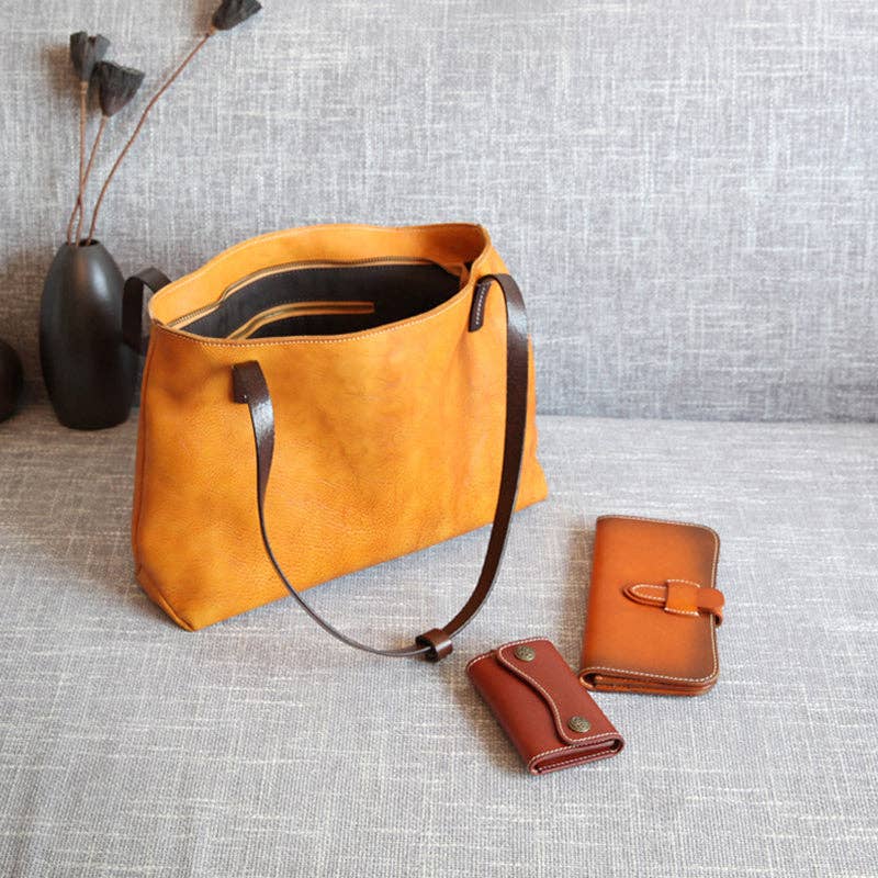 RockCow Leather Studio - Wholesale Tote Bag - Women's - Handmade Vegetable Tanned Leather Tote Bag Leather Shopping Bag Vintage Woman Leather Shoulder Bag Large Work Tote Bag4