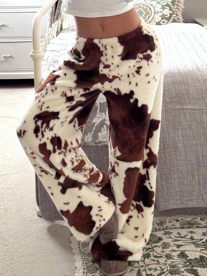 Y2K Cow Print Teddy Fleece Lounge Pants for wholesale by HIDDENBRAND