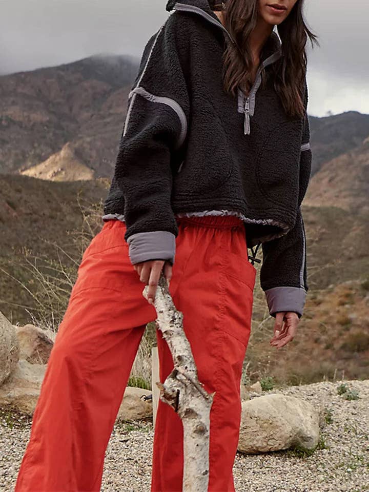 BLACK Color-Block Half-Zip Sherpa Top for wholesale on Faire4