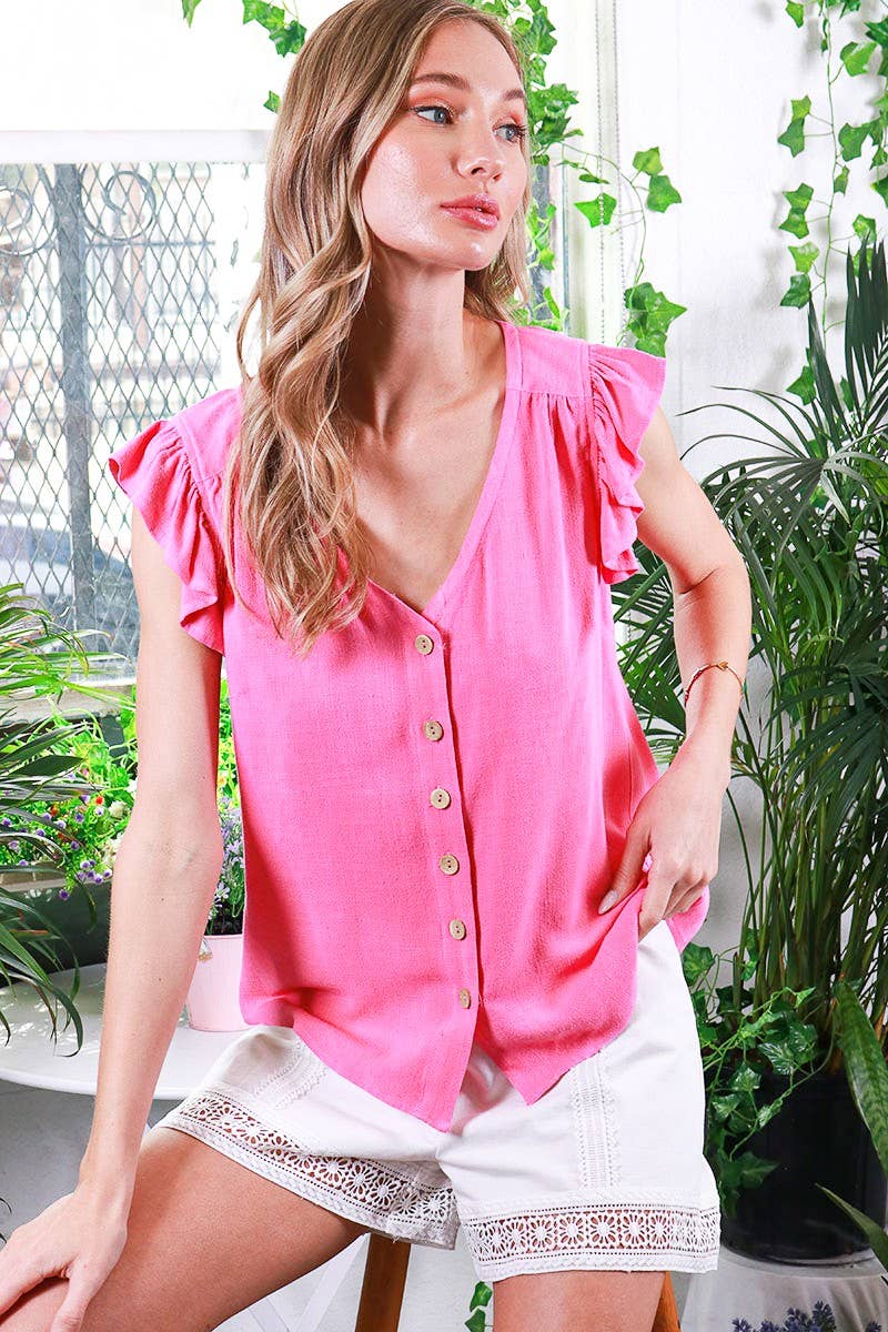 Vine & Love - Wholesale Blouse - Women's - V-Neck Sleeveless Ruffled Cotton Linen Top VT8168816