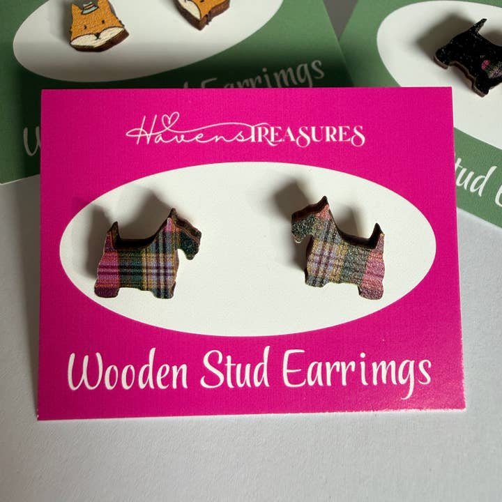 Scottie Dog Wooden Stud Earrings - various tartans for wholesale by Havens Treasures