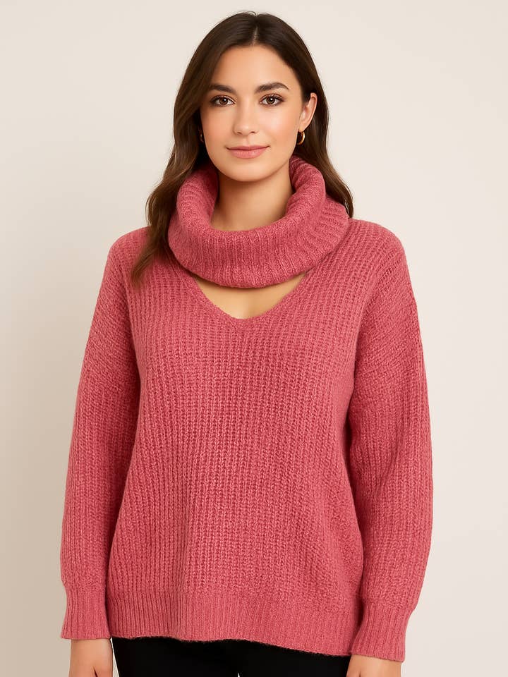 Italian V Neck Knitted Top With Snood – Soft Winter Knitwear for wholesale by Miss Bold