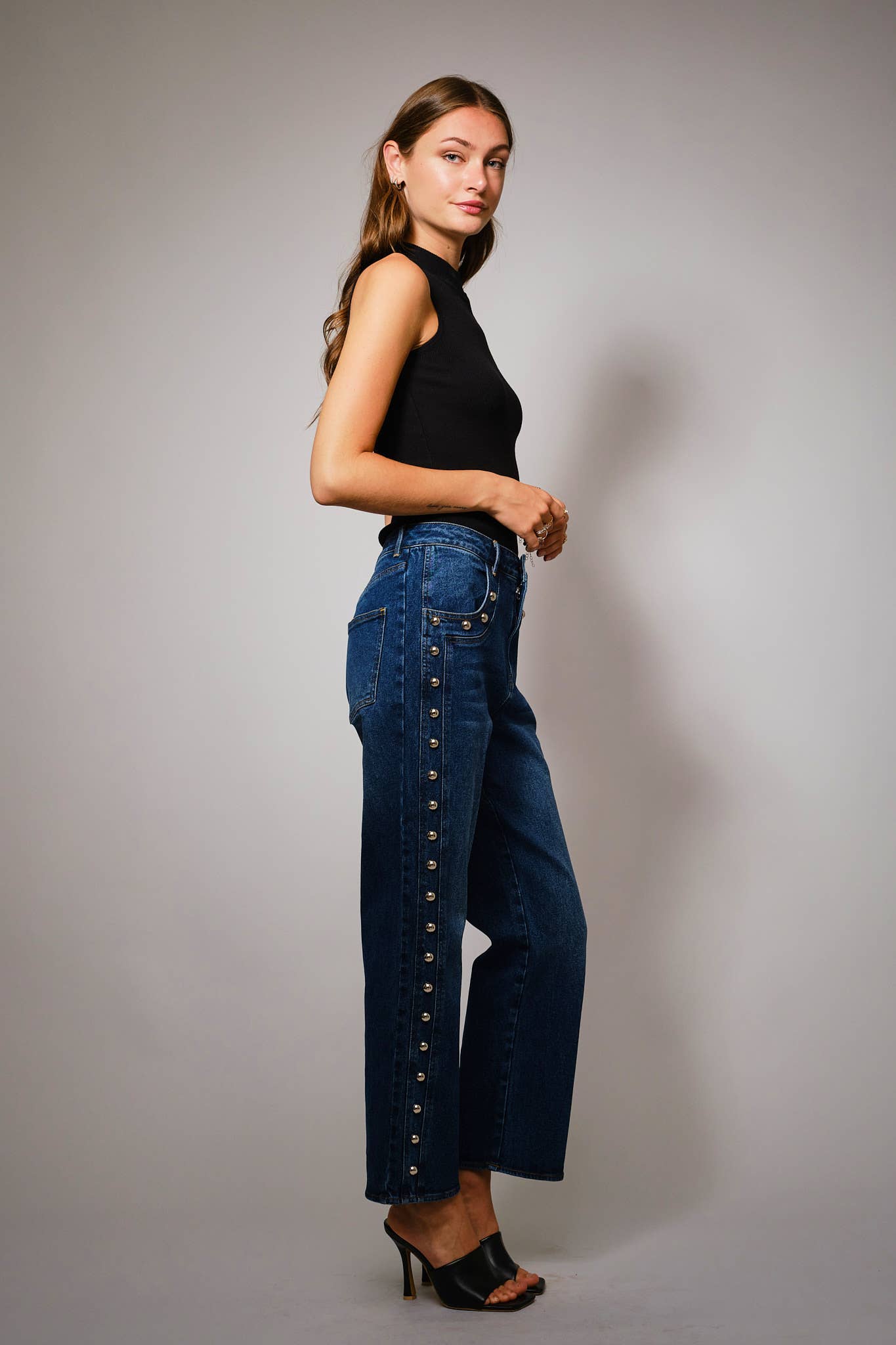 DARK WASH 52140P Metal Studded High Rise Straight Fit Denim Jeans for wholesale on Faire4