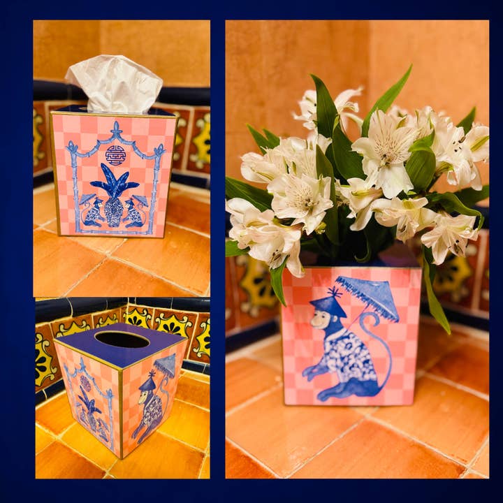 TOPICS IN THE TROPICS - Venta al por mayor Cajas de pañuelos - Caja de Kleenex de papel maché, Chinoiserie de mono, Cuadros rosas1