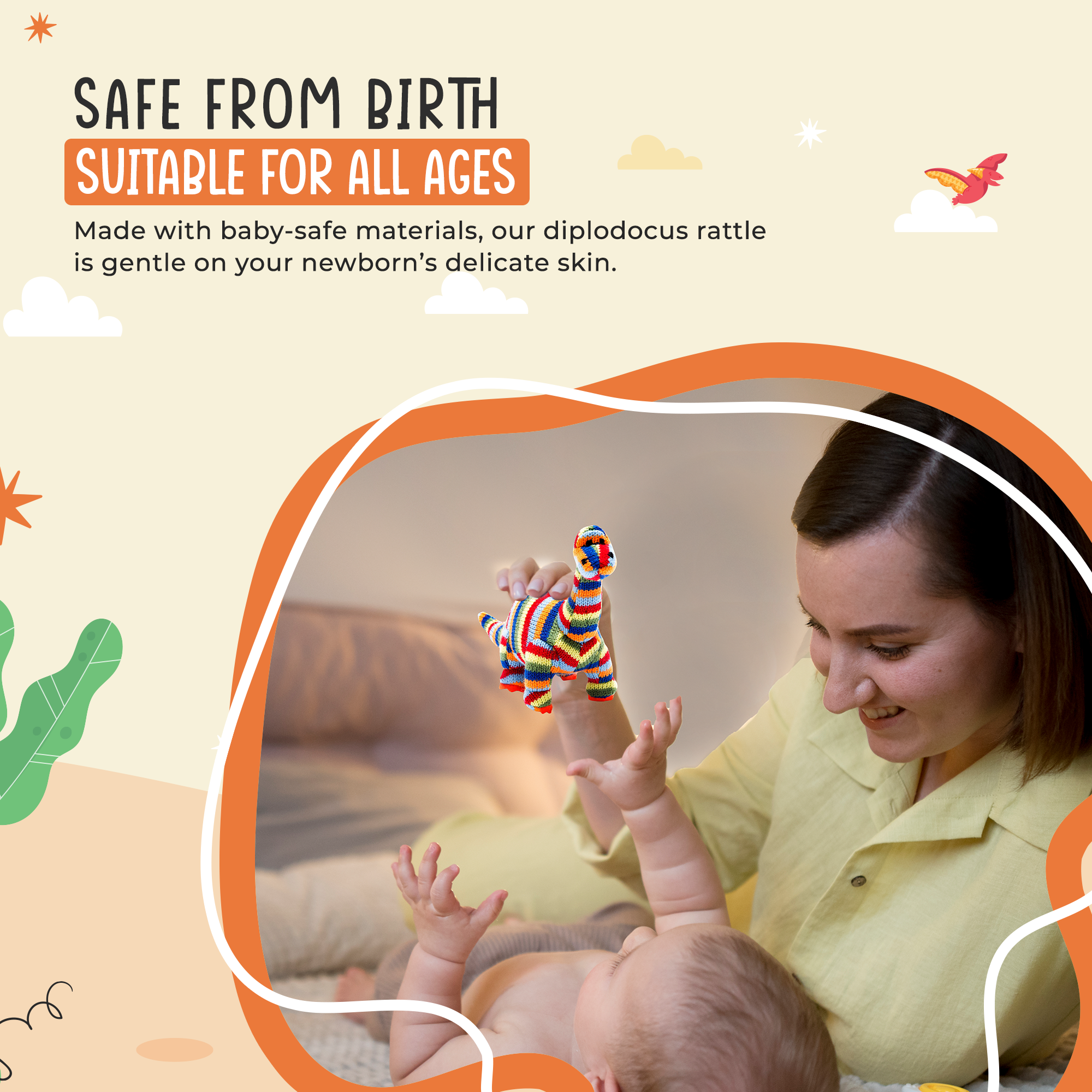 Best Years Ltd – wholesale Handheld rattle – Baby – Knitted Diplodocus Dinosaur Baby Rattle in Rainbow Stripes3