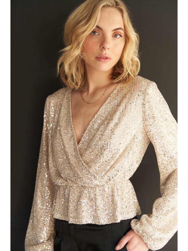 En Crème - Wholesale Blouse - Women's - Long Sleeve Peplum Sequin Top