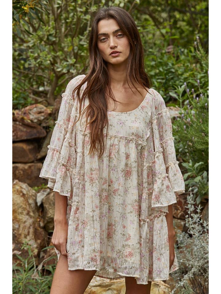 Cream Multi L8960 | Woven Polyester Chiffon Floral Flare Mini Dress for wholesale on Faire