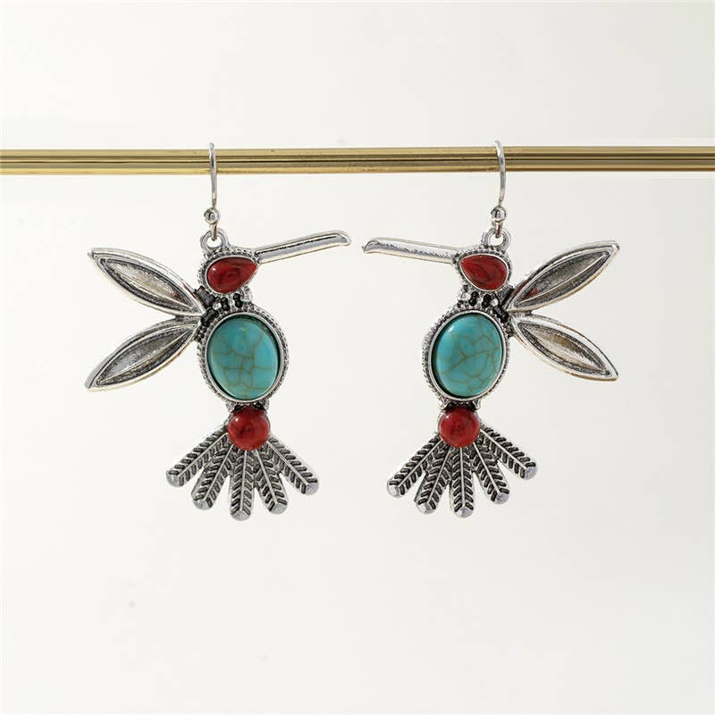 Silver Boho Turquoise & Red Stones Hummingbird Drop Earrings for wholesale on Faire0