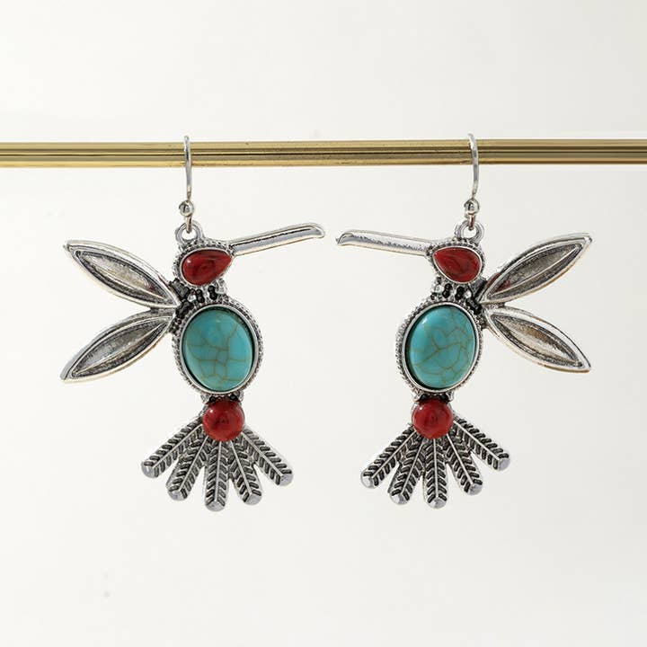 Silver Boho Turquoise & Red Stones Hummingbird Drop Earrings for wholesale on Faire0
