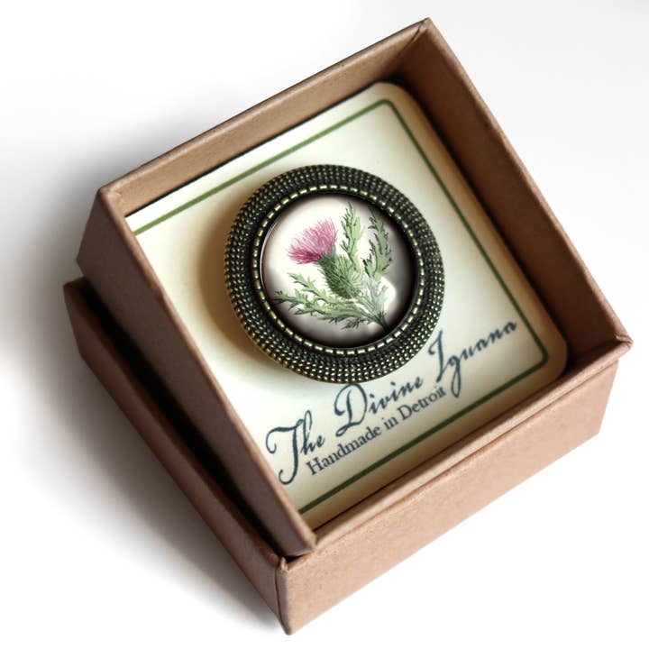 The Divine Iguana - Wholesale Brooch - Scottish Thistle Glass Cabochon Brooch