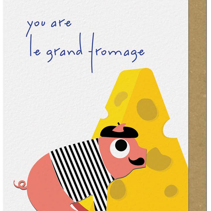 French Pig Big Cheese Greeting Card for wholesale by Ampersand M Studio