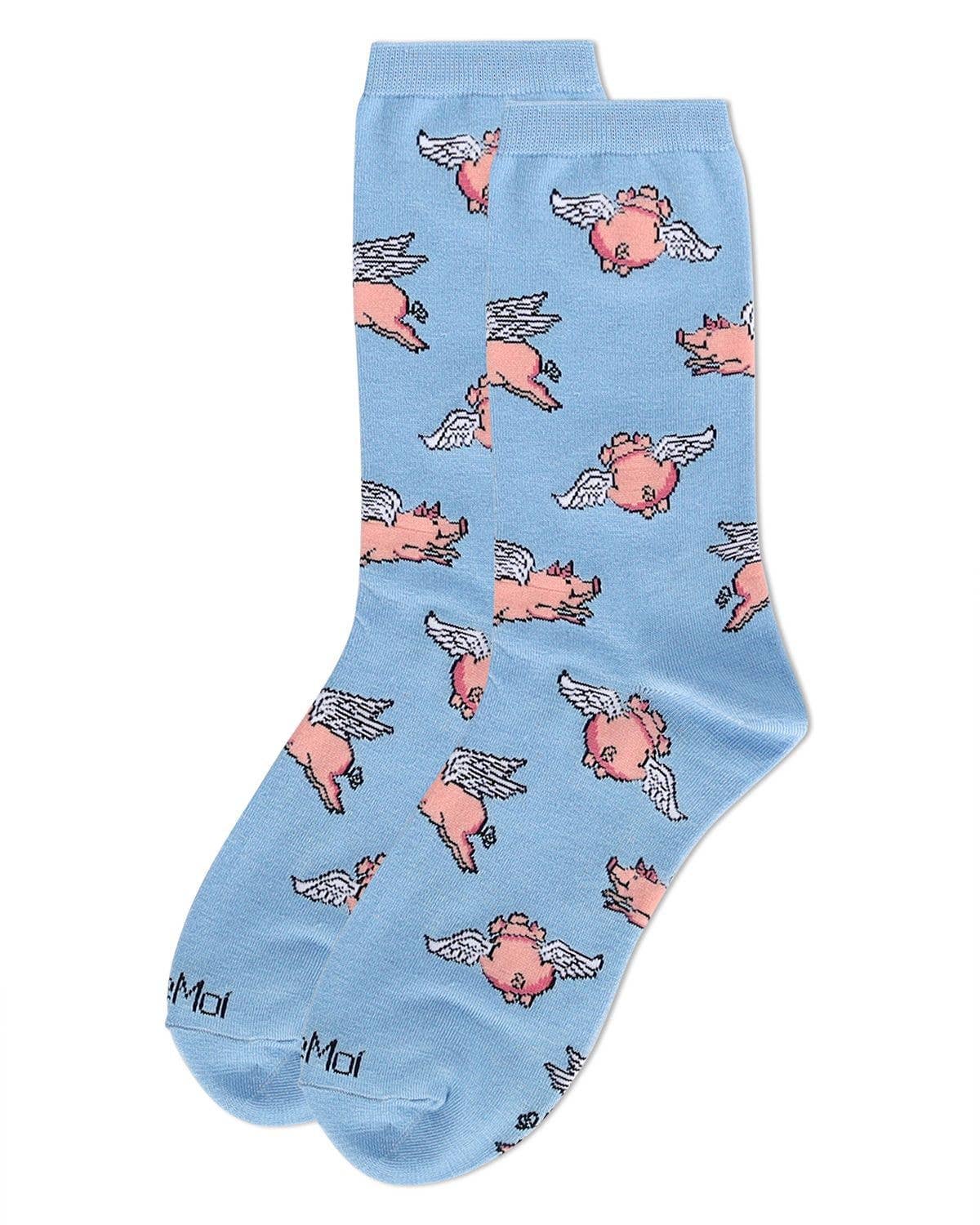 Light Blue Women's Flying Pigs Bamboo Crew Socks for wholesale on Faire2