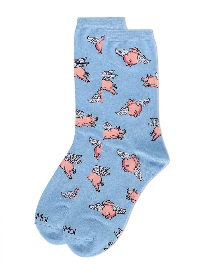 Light Blue Women's Flying Pigs Bamboo Crew Socks for wholesale on Faire2
