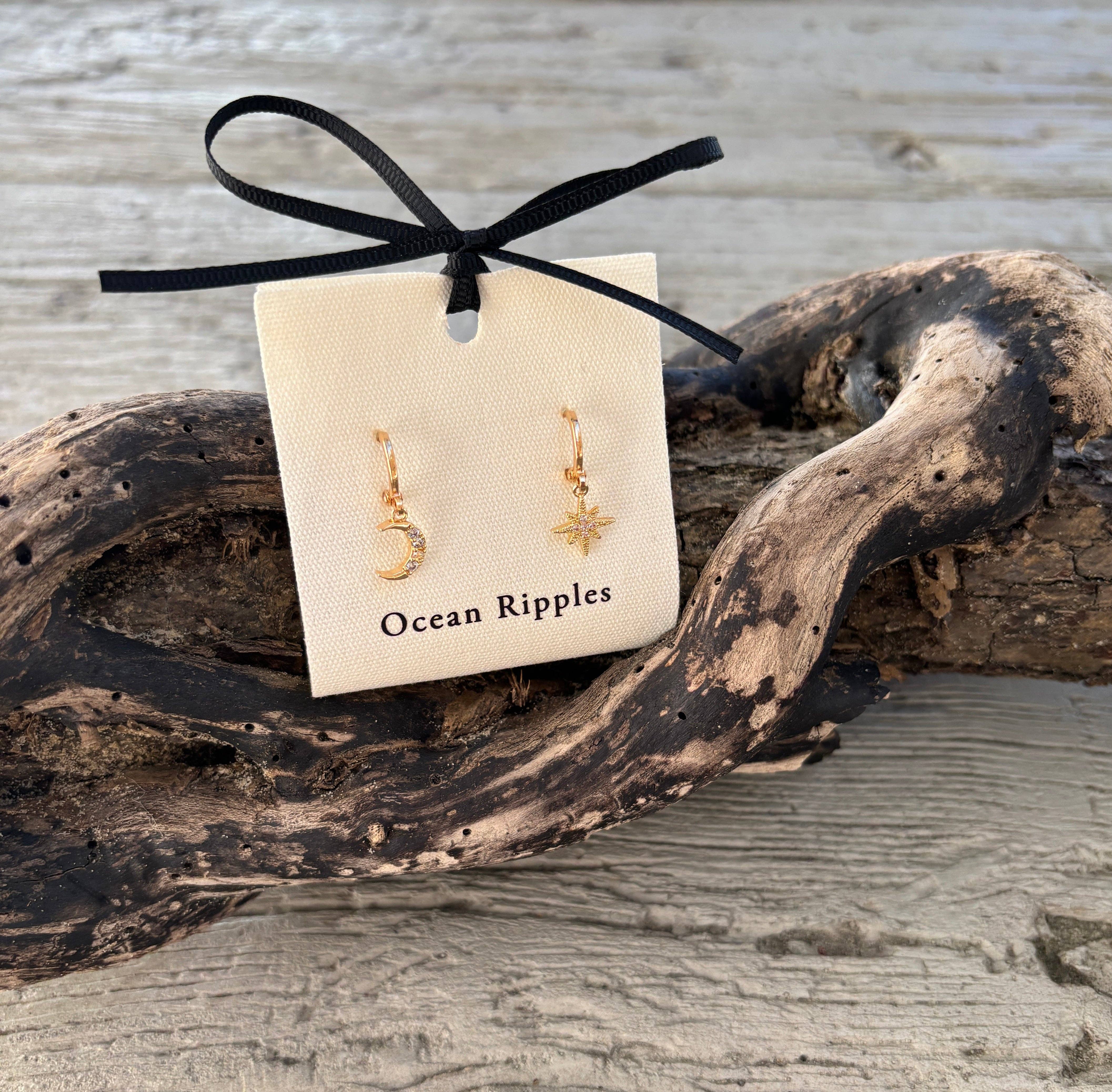 Ocean Ripples - Wholesale Huggie Earrings - 14ct Gold Plated Mismatched Cubic Zirconia Star And Moon Huggie Earrings5