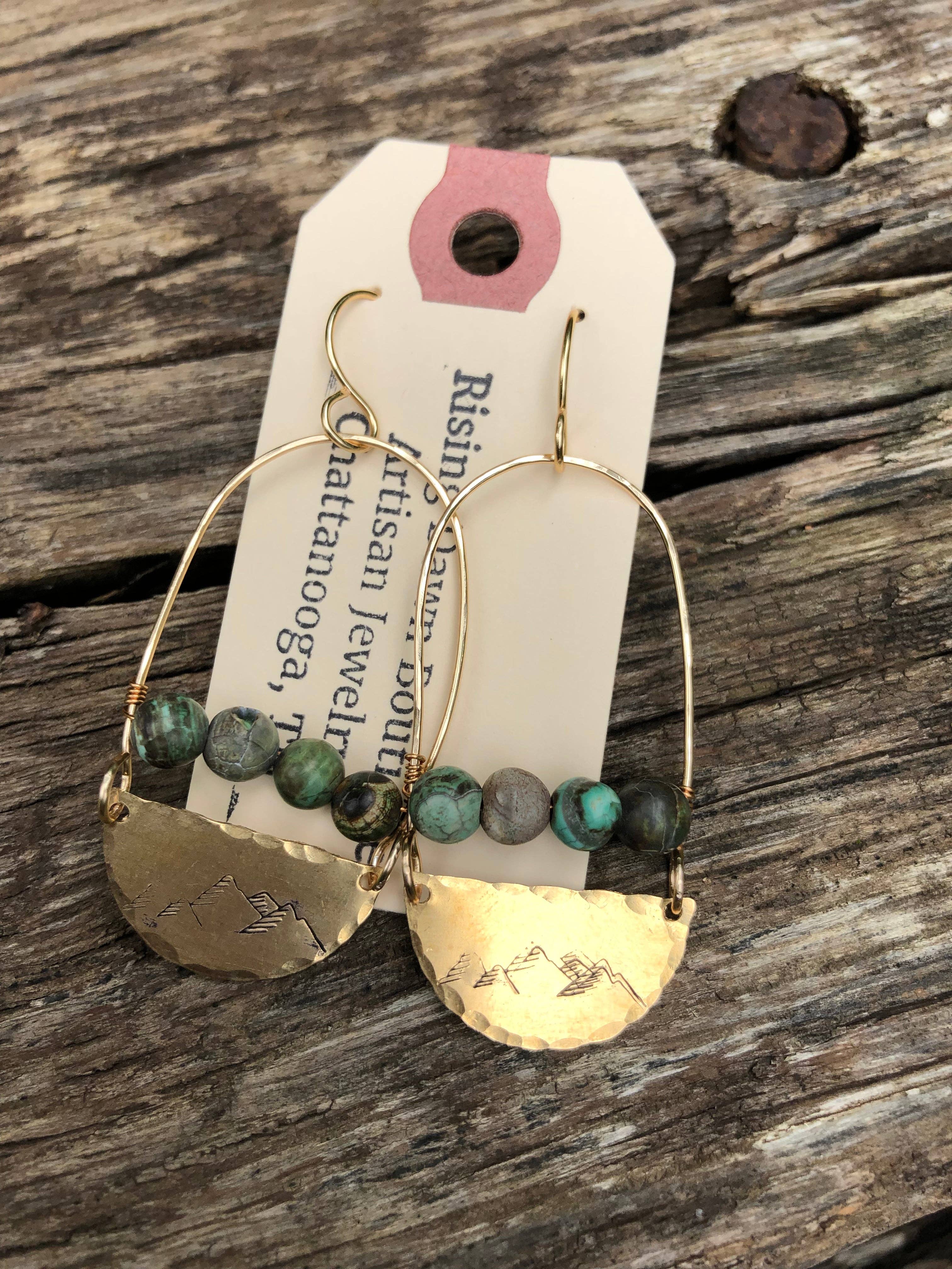 Rising Dawn Boutique - Wholesale Dangle Earrings - Hand stamped mountains with turquoise beads1